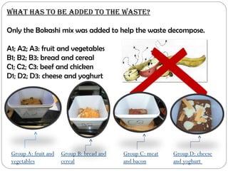 WhAt hAs to be Added to the WAste?
Only the Bokashi mix was added to help the waste decompose.
A1; A2; A3: fruit and vegetables
B1; B2; B3: bread and cereal
C1; C2; C3: beef and chicken
D1; D2; D3: cheese and yoghurt
/
Group A: fruit and
vegetables
Group B: bread and
cereal
Group C: meat
and bacon
Group D: cheese
and yoghurt
 