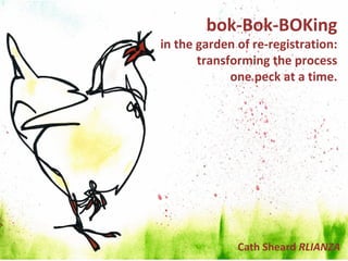 bok-Bok-BOKing
in the garden of re-registration:
       transforming the process
             one peck at a time.




              Cath Sheard RLIANZA
 