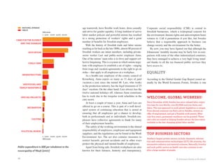 NatioNal aveRage                                  age teamwork, have flexible work hours, dress casually         Corporate social responsibility (CSR) is central to
       växJö
                          SEK/inhab.                     and strive for gender equality. A long tradition of active     Swedish businesses, which a widespread concern for
                          0 5,000 10,000 15,000 20,000   labor market policies and powerful unions has resulted         the environment, human rights and anticorruption bears
                                                         in a strong protection of workers’ rights and a great          witness to. Call it pretentious if you like, but Swedes
caRe FoR the eldeRlY
                                                         number of benefits for Swedish employees.                      believe that a responsible approach to business can
      aNd the diSabled
                                                             With the history of Swedish trade and labor unions         change society and the environment for the better.
                                                         reaching as far back as the late 1800s, almost 80 percent of      By now, you may have figured out that although the
            educatioN                                    Swedish workers are union members, including private-          Johanssons’ monthly income may be fairly low in com-
                                                         sector worker Lars and public-sector employee Anna.            parison with some of the other industrialized countries,
                                                         One of the unions’ main roles is to drive and support col-     they have managed to achieve a very high living stand-
            child caRe                                   lective bargaining. This is a system in which unions nego-     ard thanks to all the tax-financed public services they
                                                         tiate with employers to establish a set of rights—ranging      have access to.
                                                         from wage and vacation agreements to the right to go on
                                                         strike—that apply to all employees at a workplace.             equality
       iNFRaStRuctuRe                                        As a health-care employee of the county council of
                                                         Kronoberg, Anna enjoys as many as 31 days of paid              According to the Global Gender Gap Report issued an-
                                                         vacation a year since she turned 40. Lars, who works           nually by the World Economic Forum, Sweden is one
       iNdividual aNd
                                                         in the production industry, has the legal minimum of 25
  FamilY aSSiStaNce
                                                         days’ vacation. On the other hand, Lars always has the
                                                         twelve national holidays off, whereas Anna sometimes
                                                         has to work due to the irregular work schedules in the
      Special pRoJectS                                                                                                  Welcome, global WoRkeRS!
                                                         care sector.
                                                             At least a couple of times a year, Anna and Lars are       Since December 2008, Sweden has more relaxed labor migra-
                                                                                                                        tion laws for non-Nordic, non-EU/EEA and non-Swiss resi-
           RecReatioN
                                                         offered to go on a course. This is part of a well-devel-
                                                                                                                        dents. The new approach to work permit legislation is unique.
                                                         oped system of continuing education that is aimed at           From abroad, someone can find a job in Sweden, receive an
                                                         ensuring that all employees get a chance to develop,           offer of employment, and get a Swedish work permit. After
                                                         both as professionals and as individuals. Swedish em-          only four years, permanent residency can be granted. These
               cultuRe                                   ployees have collective agreements to thank for many           new rules are aimed at helping Sweden attract the best talent
                                                         of their employment benefits.                                  available in the fast-changing global labor market.

                                                             The safety of the working environment is the shared
      political admiN.                                   responsibility of employers, employees and equipment
                                                         suppliers, and the regulations can be found in the Work        top buSiNeSS SectoRS
                          0 5,000 10,000 15,000 20,000   Environment Act. The act also contains measures to
                          SEK/inhab.                                                                                    Sweden’s largest private sectors include cleantech, informa-
                                                         restrict hazards, prevent accidents and in other ways          tion and communication technologies (ICT), life sciences, the
                                                         protect the physical and mental health of employees.           automotive industry and material sciences. Naturally, forestry
 Public expenditure in Sek per inhabitant in the             Apart from being safe, Swedish workplaces are also         and such public sectors as health care also continue to em-
 municipality of Växjö (2007)                            known for their fairness, honesty and transparency.            ploy a large number of people.


 26                                                                                                                                                   A Johansson family at the beach.
 