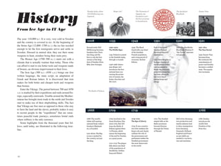 History
                                                            Husaby	kyrka,	where	           Birger	Jarl               The	University	of		                               The	Stockholm		          Gustav	Vasa
                                                            Olof	Skötkonung	was	                                     Uppsala	was	                                      Bloodbath.
                                                            b
                                                            	 aptized.                                               founded	in	1477—
                                                                                                                     the	first	university	
                                                                                                                     in	Scandinavia.	



From Ice Age to IT Age

The year: 110,000 b.c. It is very, very cold in Sweden
and the country is covered in ice. At the beginning of      1008                      1155                      1349                         1391                      1520                     1521
the Stone Age (12,000–1700 b.c.), the ice has receded
                                                            Around 1008: Olof         1050–1500:                1349: The Black              End of the 1300s:         1520: The Stockholm      1521–1611:
enough to let the first immigrants arrive and settle in     Skötkonung becomes        the middle ages           Death kills one-third        Sweden-Finland            Bloodbath. Kristian II   the vasa period
Sweden. Dressed in animal skin, they use their stone        Sweden’s first Chris-                               of the Swedish-              has about 650,000         “the Tyrant” executes
weapons to hunt, reindeer being their main prey.            tian king, and the
                                                            first to rule the first
                                                                                      1155: Finland is joined
                                                                                      to the Swedish realm,
                                                                                                                Finnish population,
                                                                                                                and a long period of
                                                                                                                                             inhabitants.              100 people.              1523: Gustav Vasa
                                                                                                                                                                                                becomes king.
    The Bronze Age (1700–500 b.c.) starts out with a        version of the king-      through a crusade.        economic decline             1391: Saint Birgitta or                            He continues the
climate that is actually warmer than today. Those who       dom of Sweden (Svea                                 follows.                     Bridget, founder of                                centralization of
                                                            Rike, later Sverige).     1248–1266: States-                                     the Brigittine Order,                              power and Sweden
can afford it start to use better tools and weapons made                              man Birger Jarl                                        was canonized in                                   becomes a unified
of bronze, an obvious improvement to their lives.                                     introduces the first                                   Rome. An unusually                                 state. The popula-
    The Iron Age (500 b.c.–1050 a.d.) brings our first                                national laws con-                                     powerful woman for                                 tion increases.
                                                                                      cerning the protec-                                    her time, she made
written language, the runic script, an adaptation of                                  tion of women, the                                     her voice heard
Greek and Roman letters. It is discovered that iron                                   home, churches and                                     among kings and
makes for both better and cheaper tools and weapons                                   the court.                                             clergy.

than bronze.
    Enter the Vikings. The period between 700 and 1050
                                                             The	Battle	of	Poltava.
a.d. is marked by their expeditions and raids around Eu-
rope, especially eastwards. Trouble around the Mediter-
ranean has brought more trade to the north and Swedes
start to make use of their shipbuilding skills. The fact
that Vikings are free men as opposed to those who stay
to farm the land and the slaves, probably makes it easy      1668                     1709                      1719                                                                            1766
to recruit people to the “expeditions” that are some-
times peaceful trade journeys, sometimes brutal raids
where robbery is the only currency.                         1668: The world’s         1709: Involved in the     1719–1772:                   1721: The Swedish         Mid-1700s: Booming       1766: Sweden
                                                            oldest still existing     Great Northern War        the age of liberty           empire falls as the       iron production and      introduces the
    Some highlights from the thousand years that fol-       national bank, today’s    since 1700, Karl XII                                   Baltic provinces          textile industry lead    world’s first
lows, until today, are illustrated in the following time-   Sweden’s Riksbank-        loses the Battle of       1719: A new constitu-        become Russian            to labor immigration     Freedom of the
line.                                                       en, is founded.           Poltava against Peter
                                                                                      I of Russia, which
                                                                                                                tion that weakens the
                                                                                                                king’s role and clearly
                                                                                                                                             through the Treaty
                                                                                                                                             of Nystad.
                                                                                                                                                                       from Germany,
                                                                                                                                                                       Denmark, Holland,
                                                                                                                                                                                                Press Act.

                                                            Late 1600s: The flag      means the beginning       outlines the role of                                   England and France
                                                            is now a symbol for       of the end for Sweden     the government and                                     as new skills are
                                                            the country, not just     as a great power.         parliament makes the                                   needed to run facto-
                                                            the king.                                           Swedish government                                     ries and machines.
                                                                                      1710–1713: The plague     the most democratic
                                                                                      kills about one-third     in the world.
                                                                                      of the populations of
                                                                                      Stockholm, Gothen-
                                                                                      burg and Malmö.
66
 