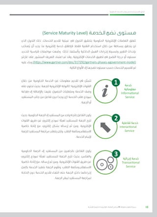 10
‫احلكومية‬ ‫اخلدمات‬ ‫ونشر‬ ‫حلصر‬ ‫االسرتشادي‬ ‫الدليل‬
.»‫ر‬ ِّ‫«يس‬ ‫احلكومية‬ ‫اإللكرتونية‬ ‫التعامالت‬ ‫لربنامج‬ © ‫حمفوظة‬ ‫احلقوق‬ ‫جميع‬
)Service Maturity Level( ‫الخدمة‬ ‫نضج‬ ‫مستوى‬
‫الذي‬ ‫التحول‬ ‫ذلك‬ ،‫اخلدمات‬ ‫تقدمي‬ ‫عملية‬ ‫يف‬ ‫التحول‬ ‫بتحقيق‬ ‫احلكومية‬ ‫اإللكرتونية‬ ‫التعامالت‬ ‫تتعلق‬
‫ب‬ َ‫صاح‬ُ‫ي‬ ‫أن‬ ‫يجب‬ ،‫ما‬ ٍ‫إلكرتونية‬ ٍ‫خدمة‬ ‫فإطالق‬ ‫فقط؛‬ ‫التقنية‬ ‫استخدام‬ ‫خالل‬ ‫من‬ ‫ببساطة‬ ‫يتحقق‬ ‫لن‬
‫لتحديد‬ ‫قياسية‬ ‫مواصفات‬ ‫وضعت‬ ‫لذلك‬ ،‫وأمتتتها‬ ‫الداخلية‬ ‫العمل‬ ‫إجراءات‬ ‫وتبسيط‬ ‫التغيري‬ ‫بإحداث‬
‫غارترن‬ ‫على‬ ‫املنشور‬ ‫التعريف‬ ‫اعتماد‬ ‫مت‬ ‫وقد‬ ،‫اإللكرتونية‬ ‫اخلدمات‬ ‫تطبيق‬ ‫يف‬ ‫النضج‬ ‫درجة‬ ‫أو‬ ‫مستوى‬
‫عليه‬ ‫وبناء‬ (https://www.gartner.com/doc/317292/gartners-phases-egovernment-model)
:‫التالية‬ ‫األنواع‬ ‫إىل‬ ‫نضجها‬ ‫مستوى‬ ‫حسب‬ ‫اخلدمات‬ ‫تقسيم‬ ‫مت‬
‫خالل‬ ‫من‬ ‫احلكومية‬ ‫اخلدمة‬ ‫عن‬ ‫معلومات‬ ‫تقدمي‬ ‫يف‬ ‫تتمثل‬
‫على‬ ‫حتتوي‬ ‫بحيث‬ ،‫للجهة‬ ‫اإللكرتونية‬ ‫كالبوابة‬ ‫اإللكرتونية؛‬ ‫القنوات‬
‫طباعة‬ ‫إىل‬ ‫باإلضافة‬ ،‫عليها‬ ‫احلصول‬ ‫ومتطلبات‬ ‫اخلدمة‬ ‫وصف‬
‫املستفيد‬ ‫جانب‬ ‫من‬ ‫تفاعل‬ ‫دون‬ )‫وجد‬ ‫(إن‬ ‫اخلدمة‬ ‫طلب‬ ‫منوذج‬
.‫اجلهة‬ ‫أو‬
‫بحيث‬،‫احلكومية‬‫اجلهة‬‫إىل‬‫املستفيد‬‫من‬‫واحد‬‫باجتاه‬‫التفاعل‬‫يكون‬
‫القنوات‬ ‫طريق‬ ‫عن‬ ‫إلكرتوين‬ ‫منوذج‬ ‫تعبئة‬ ‫للمستفيد‬ ‫اجلهة‬ ‫تتيح‬
‫خاصية‬ ‫إتاحة‬ ‫مع‬ ،‫إلكرتوين‬ ‫بشكل‬ ‫إرساله‬ ‫ثم‬ ‫ومن‬ ،‫اإللكرتونية‬
‫للجهة‬‫املستفيد‬‫مراجعة‬‫يتطلب‬‫ولكن‬،‫الطلب‬‫ومتابعة‬‫االستعالم‬
.‫اخلدمة‬ ‫إلمتام‬
‫احلكومية‬ ‫اجلهة‬ ‫إىل‬ ‫املستفيد‬ ‫من‬ ‫باجتاهني‬ ‫التفاعل‬ ‫يكون‬
‫إلكرتوين‬ ‫منوذج‬ ‫تعبئة‬ ‫للمستفيد‬ ‫اجلهة‬ ‫تتيح‬ ‫بحيث‬ ،‫والعكس‬
‫خاصية‬ ‫إتاحة‬ ‫مع‬ ،‫إرساله‬ ‫ثم‬ ‫ومن‬ ،‫اإللكرتونية‬ ‫القنوات‬ ‫طريق‬ ‫عن‬
‫بكامل‬ ‫اخلدمة‬ ‫بتنفيذ‬ ‫اجلهة‬ ‫وتقوم‬ ،‫الطلب‬ ‫ومتابعة‬ ‫االستعالم‬
‫احلاجة‬ ‫دون‬ ‫اخلدمة‬ ‫تقدمي‬ ‫انتهاء‬ ‫حتى‬ ‫اجلهة‬ ‫داخل‬ ‫إجراءاتها‬
.‫اجلهة‬ ‫ملقر‬ ‫املستفيد‬ ‫ملراجعة‬
‫خدمة‬ 	
‫معلوماتية‬
Informational
Service
‫تفاعلية‬ ‫خدمة‬
Interactional
Service
‫إجرائية‬ ‫خدمة‬
Transactional
Service
1
2
3
 