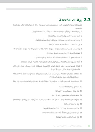 14
‫احلكومية‬ ‫اخلدمات‬ ‫ونشر‬ ‫حلصر‬ ‫االسرتشادي‬ ‫الدليل‬
.»‫ر‬ ِّ‫«يس‬ ‫احلكومية‬ ‫اإللكرتونية‬ ‫التعامالت‬ ‫لربنامج‬ © ‫حمفوظة‬ ‫احلقوق‬ ‫جميع‬
‫الخدمة‬ ‫بيانات‬
‫خدمة‬ ‫لكل‬ ‫التالية‬ ‫البيانات‬ ‫بتوفري‬ ‫وذلك‬ ،‫احلكومية‬ ‫خدماتها‬ ‫حصر‬ ‫يف‬ ‫البدء‬ ‫احلكومية‬ ‫اجلهات‬ ‫على‬ ‫يتعني‬
:‫حدة‬ ‫على‬
.)‫احلكومية‬ ‫اخلدمات‬ ‫ونشر‬ ‫حصر‬ ‫منصة‬ ‫خالل‬ ‫من‬ ‫آليًا‬ ‫(ترقم‬ :‫اخلدمة‬ ‫رقم‬ 	.1
)‫اخلدمة‬ ‫من‬ ‫الهدف‬ ‫يوضح‬ ‫(اسم‬ :‫اخلدمة‬ ‫اسم‬ 	.2
.)‫لها‬ ‫املستهدفة‬ ‫والشرائح‬ ‫للخدمة‬ ‫موجز‬ ‫(وصف‬ :‫اخلدمة‬ ‫وصف‬ 	.3
)‫فرعية‬ ‫خدمة‬ ، ‫أساسية‬ ‫(خدمة‬ : ‫اخلدمة‬ ‫نوع‬ 	.4
)”G-C“‫أفراد‬-‫حكومة‬،”G-B«‫أعمال‬–‫حكومة‬،”G-G“ ‫حكومة‬-‫(حكومة‬:‫املستفيد‬‫حسب‬‫اخلدمة‬‫نوع‬ 	.5
)‫مساندة‬ ‫خدمة‬ ،‫رئيسية‬ ‫(خدمة‬ :‫اخلدمة‬ ‫تصنيف‬ .6
.)‫تكاملية‬ ،‫إجرائية‬ ،‫تفاعلية‬ ،‫(معلوماتية‬ :‫احلايل‬ ‫اخلدمة‬ ‫نضج‬ ‫مستوى‬ 	.7
.)‫تكاملية‬ ،‫إجرائية‬ ،‫تفاعلية‬ ،‫(معلوماتية‬ :‫إليه‬ ‫الوصول‬ ‫ممكن‬ ‫اخلدمة‬ ‫لنضج‬ ‫مستوى‬ ‫أعلى‬ 	.8
،‫اآليل‬ ‫الرد‬ ،‫اجلوال‬ ‫رسائل‬ ،‫اجلوال‬ ‫تطبيقات‬ ،‫اإللكرتونية‬ ‫البوابة‬ ،‫اجلهة‬ ‫(مقر‬ :‫اخلدمة‬ ‫تقدمي‬ ‫قنوات‬ 	.9
.)‫أخرى‬ ‫أو‬ ،‫الربيد‬ ‫مكاتب‬ ،‫اإللكرتونية‬ ‫األكشاك‬
‫منطقة‬ ‫يف‬ ‫أم‬ ‫فقط‬ ‫واحدة‬ ‫مدينة‬ ‫يف‬ ‫للمستفيدين‬ ‫تقدم‬ ‫اخلدمة‬ ‫(هل‬ :‫للخدمة‬ ‫اجلغرافية‬ ‫التغطية‬ 	.10
.)‫اململكة؟‬ ‫مناطق‬ ‫جميع‬ ‫يف‬ ‫أم‬ ‫فقط‬ ‫واحدة‬
.)‫الفرعية‬‫اخلدمة‬‫هذه‬‫لها‬‫تنتمي‬‫التي‬ ‫األساسية‬‫اخلدمة‬‫اسم‬‫بها‬‫يقصد‬(:‫األساسية‬‫اخلدمة‬‫اسم‬ 	.11
‫للخدمة‬ ‫املقدمة‬ ‫اإلدارة‬ ‫اسم‬ .12
)‫(نعم/ال‬ ‫للخدمة؟‬ ‫رسوم‬ ‫هناك‬ ‫هل‬ 	.13
.‫اخلدمة‬ ‫على‬ ‫احلصول‬ ‫وشروط‬ ‫متطلبات‬ 	.14
.)‫اخلدمة‬‫إلمتام‬‫وخارجها‬‫اجلهة‬‫داخل‬‫تنفيذها‬‫سيتم‬‫التي‬‫اإلجراءات‬‫بها‬‫(يقصد‬:‫اخلدمة‬‫تنفيذ‬‫خطوات‬ 	.15
‫إجراءاتها‬ ‫توثيق‬ ‫مت‬ ‫هل‬ 	.16
)work flow chart( ‫اخلدمة‬ ‫عمل‬ ‫مسار‬ ‫رسم‬ ‫مت‬ ‫هل‬ .17
)BPR/BPI( ‫هندستها‬ ‫إعادة‬ ‫أو‬ ‫إجراءاتها‬ ‫حتسن‬ ‫مت‬ ‫هل‬ .18
‫موحدة‬ ‫اخلدمة‬ ‫تقدمي‬ ‫إجراءات‬ ‫هل‬ 	.19
2.2
 