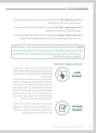 8
‫احلكومية‬ ‫اخلدمات‬ ‫ونشر‬ ‫حلصر‬ ‫االسرتشادي‬ ‫الدليل‬
.»‫ر‬ ِّ‫«يس‬ ‫احلكومية‬ ‫اإللكرتونية‬ ‫التعامالت‬ ‫لربنامج‬ © ‫حمفوظة‬ ‫احلقوق‬ ‫جميع‬
‫أو‬ ‫للمواطنني‬ ‫احلكومية‬ ‫اجلهة‬ ‫تقدمها‬ ‫التي‬ ‫اخلدمة‬ ‫وهي‬ :)»G-C« ‫أفراد‬ -‫(حكومة‬ ‫نوع‬ ‫من‬ ‫خدمة‬ 	.1
.‫سفر‬ ‫جواز‬ ‫إصدار‬ ‫خدمة‬ :‫مثال‬ ،‫الزوار‬ ‫أو‬ ‫املقيمني‬
‫ملؤسسات‬ ‫احلكومية‬ ‫اجلهة‬ ‫تقدمها‬ ‫التي‬ ‫اخلدمة‬ ‫وهي‬ :)»G-B« ‫أعمال‬ –‫(حكومة‬ ‫نوع‬ ‫من‬ ‫خدمة‬ 	.2
.‫العمل‬ ‫رخصة‬ ‫إصدار‬ :‫مثال‬ ،‫اخلاص‬ ‫القطاع‬ ‫وشركات‬
‫حكومية‬‫جلهة‬‫احلكومية‬‫اجلهة‬‫تقدمها‬‫التي‬‫اخلدمة‬‫وهي‬:)»G-G«‫حكومة‬-‫(حكومة‬‫نوع‬‫من‬‫خدمة‬ 	.3
.‫احلكومية‬ ‫للجهات‬ ‫الوطني‬ ‫املعلومات‬ ‫مركز‬ ‫من‬ ‫املقدمة‬ ‫الوطنية‬ ‫الهوية‬ ‫بيانات‬ :‫مثال‬ ،‫أخرى‬
)»G-E«‫موظفني‬-‫(حكومة‬‫نوع‬‫من‬‫خدمات‬‫هي‬‫احلكومية‬‫اجلهة‬‫ملنسوبي‬‫املقدمة‬‫اخلدمات‬:‫مالحظة‬
‫إىل‬ ‫اإلشارة‬ ‫جتدر‬ ‫كما‬ ،‫الداخلية‬ ‫اخلدمات‬ ‫من‬ ‫وغريها‬ ‫البشرية‬ ‫املوارد‬ ‫أنظمة‬ ،‫اإللكرتوين‬ ‫الربيد‬ ‫خدمة‬ :‫مثال‬
‫كونهم‬ )»G-C« ‫أفراد‬ - ‫(حكومة‬ ‫نوع‬ ‫من‬ ‫هي‬ ‫اجلامعة‬ ‫وطالب‬ ‫املدارس‬ ‫لطالب‬ ‫املقدمة‬ ‫اخلدمات‬ ‫أن‬
.‫احلكومية‬ ‫اجلهة‬ ‫منسوبي‬ ‫من‬ ‫يعتربون‬ ‫ال‬
‫طلب‬
‫الخدمة‬
‫إجراءات‬
‫الخدمة‬
‫بحضوره‬ ‫سواء‬ ،‫املستفيد‬ ‫قبل‬ ‫من‬ ‫اخلدمة‬ ‫طلب‬ ‫ويتم‬
:‫للجهة‬ ‫اإللكرتونية‬ ‫القنوات‬ ‫طريق‬ ‫عن‬ ‫أو‬ ،‫اجلهة‬ ‫ملقر‬ ‫الشخصي‬
،‫ذكية‬ ‫أجهزة‬ ‫تطبيق‬ ‫أو‬ ،‫اآليل‬ ‫الرد‬ ‫أو‬ ‫الهاتف‬ ‫أو‬ ،‫اإللكرتونية‬ ‫(البوابة‬
.)‫خدمة‬ ‫أكشاك‬ ‫أو‬
‫مرة‬ ‫الطلب‬ ‫يتم‬ ‫بحيث‬ ،‫االشرتاك‬ ‫طريق‬ ‫عن‬ ‫تقدم‬ ‫اخلدمات‬ ‫بعض‬
‫طلبها‬‫دون‬‫دوري‬‫بشكل‬‫باستمرار‬‫اخلدمة‬‫تقدم‬‫ذلك‬‫وبعد‬،‫واحدة‬
‫الدراسي‬ ‫اجلدول‬ ‫على‬ ‫واحلصول‬ ‫اجلامعة‬ ‫يف‬ ‫التسجيل‬ ‫(مثل‬
‫املستفيد‬ ‫يقوم‬ ‫ال‬ ‫التي‬ ‫اخلدمات‬ ‫بعض‬ ‫أيضًا‬ ‫وهناك‬ ،)‫فصل‬ ‫كل‬
،)Service Triger( ‫بحدث‬ ‫مرتبطة‬ ‫تكون‬ ‫بل‬ ‫مباشر‬ ‫بشكل‬ ‫بطلبها‬
‫مستشفى‬ ‫يرسل‬ ‫أن‬ ‫ميكن‬ ‫حيث‬ ،‫ميالد‬ ‫واقعة‬ ‫تسجيل‬ ‫مثل‬
‫تسجل‬ ‫وبعدها‬ ،‫املدنية‬ ‫لألحوال‬ ‫اجلدد‬ ‫املواليد‬ ‫بيانات‬ ‫الوالدة‬
.‫آليًا‬ ‫املستفيد‬ ‫ُشعر‬‫ت‬‫و‬ ‫امليالد‬ ‫واقعة‬ ‫املدنية‬ ‫األحوال‬
‫أو‬ ‫داخليا‬ ‫كانت‬ ‫سواء‬ ،‫اجلهة‬ ‫تنفذها‬ ‫التي‬ ‫اإلجراءات‬ ‫وتشمل‬
،‫تواقيع‬ ‫أو‬ ،‫مناذج‬ ‫إكمال‬ ‫من‬ ‫اإلجراءات‬ ‫هذه‬ ‫تتطلبه‬ ‫وما‬ ،‫خارجيا‬
،‫املعاملة‬ ‫عن‬ ‫استعالم‬ ‫أو‬ ،‫مستندات‬ ‫إرفاق‬ ‫أو‬ ،‫رسوم‬ ‫دفع‬ ‫أو‬
.‫إلكرتوين‬ ‫أو‬ )‫(ورقي‬ ‫تقليدي‬ ‫بشكل‬ ‫كان‬ ‫سواء‬ ...‫إلخ‬
‫الخدمة‬ ‫تنفيذ‬ ‫مراحل‬
 