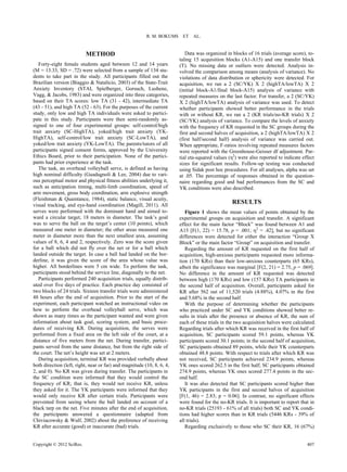 R. M. BOKUMS    ET AL.


                           METHOD                                          Data was organized in blocks of 16 trials (average score), to-
                                                                        taling 15 acquisition blocks (A1-A15) and one transfer block
   Forty-eight female students aged between 12 and 14 years             (T). No missing data or outliers were detected. Analysis in-
(M = 13.33, SD = .72) were selected from a sample of 134 stu-           volved the comparison among means (analysis of variance). No
dents to take part in the study. All participants filled out the        violations of data distribution or sphericity were detected. For
Brazilian version (Biaggio & Natalício, 2003) of the State-Trait        acquisition, we ran a 2 (SC/YK) X 2 (highTA/lowTA) X 2
Anxiety Inventory (STAI, Spielberger, Gorsuch, Lushene,                 (initial block-A1/final block-A15) analysis of variance with
Vagg, & Jacobs, 1983) and were organized into three categories,         repeated measures on the last factor. For transfer, a 2 (SC/YK)
based on their TA scores: low TA (31 - 42), intermediate TA             X 2 (highTA/lowTA) analysis of variance was used. To detect
(43 - 51), and high TA (52 - 63). For the purposes of the current       whether participants showed better performance in the trials
study, only low and high TA individuals were asked to partici-          with or without KR, we ran a 2 (KR trials/no-KR trials) X 2
pate in this study. Participants were then semi-randomly as-            (SC/YK) analysis of variance. To compare the levels of anxiety
signed to one of four experimental groups: self-control/high            with the frequency of KR requested in the SC groups during the
trait anxiety (SC-HighTA), yoked/high trait anxiety (YK-                first and second halves of acquisition, a 2 (highTA/lowTA) X 2
HighTA), self-control/low trait anxiety (SC-LowTA), and                 (first half/second half) analysis of variance was carried out.
yoked/low trait anxiety (YK-LowTA). The parents/tutors of all           When appropriate, F-ratios involving repeated measures factors
participants signed consent forms, approved by the University           were reported with the Greenhouse-Geisser df adjustment. Par-
Ethics Board, prior to their participation. None of the partici-        tial eta-squared values (η2) were also reported to indicate effect
pants had prior experience at the task.                                 sizes for significant results. Follow-up testing was conducted
   The task, an overhead volleyball serve, is defined as having         using Sidak post hoc procedures. For all analyses, alpha was set
high nominal difficulty (Guadagnoli & Lee, 2004) due to vari-           at .05. The percentage of responses obtained in the question-
ous perceptual motor and physical fitness abilities underlying it,      naire regarding good and bad performances from the SC and
such as anticipation timing, multi-limb coordination, speed of          YK conditions were also described.
arm movement, gross body coordination, arm explosive strength
(Fleishman & Quaintance, 1984), static balance, visual acuity,
visual tracking, and eye-hand coordination (Magill, 2011). All
                                                                                                 RESULTS
serves were performed with the dominant hand and aimed to-                 Figure 1 shows the mean values of points obtained by the
ward a circular target, 18 meters in diameter. The task’s goal          experimental groups on acquisition and transfer. A significant
was to serve the ball on the target’s center (10 points), which         effect for the main factor “Block” was found between A1 and
measured one meter in diameter; the other areas measured one            A15 [F(1, 22) = 15.78, p = .001; 2 = .42], but no significant
meter in diameter more than the next smallest area, assuming            differences were detected for either the interaction “Group X
values of 8, 6, 4 and 2, respectively. Zero was the score given         Block” or the main factor “Group” on acquisition and transfer.
for a ball which did not fly over the net or for a ball which              Regarding the amount of KR requested on the first half of
landed outside the target. In case a ball had landed on the bor-        acquisition, high-anxious participants requested more informa-
derline, it was given the score of the area whose value was             tion (170 KRs) than their low-anxious counterparts (65 KRs),
higher. All borderlines were 5 cm wide. To perform the task,            albeit the significance was marginal [F(2, 21) = 2.75, p = .069].
participants stood behind the service line, diagonally to the net.      No difference in the amount of KR requested was detected
   Participants performed 240 acquisition trials, equally distrib-      between high (170 KRs) and low (157 KRs) TA participants in
uted over five days of practice. Each practice day consisted of         the second half of acquisition. Overall, participants asked for
two blocks of 24 trials. Sixteen transfer trials were administered      KR after 562 out of 11,520 trials (4.88%), 4.07% in the first
48 hours after the end of acquisition. Prior to the start of the        and 5.68% in the second half.
experiment, each participant watched an instructional video on             With the purpose of determining whether the participants
how to perform the overhead volleyball serve, which was                 who practiced under SC and YK conditions showed better re-
shown as many times as the participant wanted and were given            sults in trials after the presence or absence of KR, the sum of
information about task goal, scoring system, and basic proce-           each of these trials in the two acquisition halves were calculated.
dures of receiving KR. During acquisition, the serves were              Regarding trials after which KR was received in the first half of
performed from a fixed area on the left side of the court, at a         acquisition, SC participants scored 59.1 points, whereas YK
distance of five meters from the net. During transfer, partici-         participants scored 30.1 points; in the second half of acquisition,
pants served from the same distance, but from the right side of         SC participants obtained 89 points, while their YK counterparts
the court. The net’s height was set at 2 meters.                        obtained 48.8 points. With respect to trials after which KR was
   During acquisition, terminal KR was provided verbally about          not received, SC participants achieved 234.9 points, whereas
both direction (left, right, near or far) and magnitude (10, 8, 6, 4,   YK ones scored 262.5 in the first half; SC participants obtained
2, and 0). No KR was given during transfer. The participants in         274.9 points, whereas YK ones scored 277.4 points in the sec-
the SC condition were informed that they would control the              ond half.
frequency of KR; that is, they would not receive KR, unless                It was also detected that SC participants scored higher than
they asked for it. The YK participants were informed that they          YK participants in the first and second halves of acquisition
would only receive KR after certain trials. Participants were           [F(1, 46) = 2.83; p = 0.06]. In contrast, no significant effects
prevented from seeing where the ball landed on account of a             were found for the no-KR trials. It is important to report that in
black tarp on the net. Five minutes after the end of acquisition,       no-KR trials (25193 - 61% of all trials) both SC and YK condi-
the participants answered a questionnaire (adapted from                 tions had higher scores than in KR trials (5446 KRs - 39% of
Chiviacowsky & Wulf, 2002) about the preference of receiving            all trials).
KR after accurate (good) or inaccurate (bad) trials.                       Regarding exclusively to those who SC their KR, 16 (67%)


Copyright © 2012 SciRes.                                                                                                              407
 
