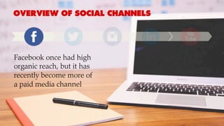 OVERVIEW OF SOCIAL CHANNELS
Facebook once had high
organic reach, but it has
recently become more of
a paid media channel
 