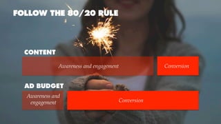 FOLLOW THE 80/20 RULE
CONTENT
AD BUDGET
Awareness and engagement Conversion
Conversion
Awareness and
engagement
 