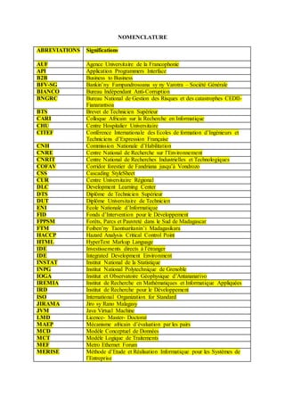NOMENCLATURE
ABREVIATIONS Significations
AUF Agence Universitaire de la Francophonie
API Application Programmers Interface
B2B Business to Business
BFV-SG Bankin’ny Fampandrosoana sy ny Varotra – Société Générale
BIANCO Bureau Indépendant Anti-Corruption
BNGRC Bureau National de Gestion des Risques et des catastrophes CEDII-
Fianarantsoa
BTS Brevet de Technicien Supérieur
CARI Colloque Africain sur la Recherche en Informatique
CHU Centre Hospitalier Universitaire
CITEF Conférence Internationale des Ecoles de formation d’Ingénieurs et
Techniciens d’Expression Française
CNH Commission Nationale d’Habilitation
CNRE Centre National de Recherche sur l’Environnement
CNRIT Centre National de Recherches Industrielles et Technologiques
COFAV Corridor forestier de Fandriana jusqu’à Vondrozo
CSS Cascading StyleSheet
CUR Centre Universitaire Régional
DLC Development Learning Center
DTS Diplôme de Technicien Supérieur
DUT Diplôme Universitaire de Technicien
ENI Ecole Nationale d’Informatique
FID Fonds d’Intervention pour le Développement
FPPSM Forêts, Parcs et Pauvreté dans le Sud de Madagascar
FTM Foiben’ny Taontsaritanin’i Madagasikara
HACCP Hazard Analysis Critical Control Point
HTML HyperText Markup Language
IDE Investissements directs à l’étranger
IDE Integrated Development Environment
INSTAT Institut National de la Statistique
INPG Institut National Polytechnique de Grenoble
IOGA Institut et Observatoire Géophysique d’Antananarivo
IREMIA Institut de Recherche en Mathématiques et Informatique Appliquées
IRD Institut de Recherche pour le Développement
ISO International Organization for Standard
JIRAMA Jiro sy Rano Malagasy
JVM Java Virtual Machine
LMD Licence- Master- Doctorat
MAEP Mécanisme africain d’évaluation par les pairs
MCD Modèle Conceptuel de Données
MCT Modèle Logique de Traitements
MEF Metro Ethernet Forum
MERISE Méthode d’Etude et Réalisation Informatique pour les Systèmes de
l’Entreprise
 