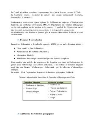 Le Conseil scientifique coordonne les programmes de recherche à mettre en œuvre à l’Ecole.
Le Secrétariat principal coordonne les activités des services administratifs (Scolarité,
Comptabilité, et Intendance).
Conformément aux textes en vigueur régissant les Etablissements malgaches d’Enseignement
Supérieur, qui sont barrés sur le système LMD, les Départements de Formation pédagogique
ont été ainsi remplacés par des Mentions et des parcours. Et les chefs des Départements ont été
ainsi remplacés par des responsables des mentions et les responsables des parcours.
Un administrateur des Réseaux et Systèmes gère le système d’information de l’Ecole et celui
de l’Université.
1.4. Domaines de spécialisation
Les activités de formation et de recherche organisées à l’ENI portent sur les domaines suivants :
 Génie logiciel et Base de Données ;
 Administration des Systèmes et Réseaux ;
 Informatique Générale
 Modélisation informatique et mathématique des Systèmes complexes.
D’une manière plus générale, les programmes des formations sont basés sur l’informatique de
gestion et sur l’informatique des Systèmes et Réseaux. Et les modules de formation intègrent
aussi bien des éléments d’Informatique fondamentale que des éléments d’Informat ique
appliquée.
Le tableau 1 décrit l’organisation du système de formation pédagogique de l’Ecole.
Tableau 1. Organisation du système de formation pédagogique de l’Ecole.
Formation théorique Formation pratique
- Enseignement théorique
- Travaux dirigés
- Travaux pratiques
- Etude de cas
- Travaux de réalisation
- Projets / Projets tutorés
- Voyage d’études
- Stages
1.5. Architecture des formations pédagogiques
 