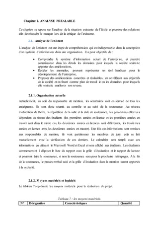 Chapitre 2. ANALYSE PREALABLE
Ce chapitre se repose sur l’analyse de la situation existante de l’Ecole et propose des solutions
afin de résoudre le manque lors de la critique de l’existante.
2.1. Analyse de l’existant
L’analyse de l’existant est une étape de compréhension qui est indispensable dans la conception
d’un système d’information dans une organisation. Il a pour objectifs de :
 Comprendre le système d’information actuel de l’entreprise, et prendre
connaissance dans les détails les domaines pour lesquels la société souhaite
apporter des améliorations,
 Déceler les anomalies, pouvant représenter un réel handicap pour le
développement de l’entreprise,
 Proposer des améliorations concrètes et réalisables, en se référant aux objectifs
de la société et en fixant comme plan de travail le ou les domaines pour lesquels
elle souhaite améliorer son revenu.
2.1.1. Organisation actuelle
Actuellement, au sein du responsable de mention, les secrétaires sont en service de tous les
enseignants. Ils sont donc soumis au contrôle et au suivi de la soutenance. Au niveau
d’obtention de thème, la répartition de la salle et la date de soutenance, les procédures effectués
dépendent du niveau des étudiants (les premières années en licence et les premières années en
master sont dans le même cas, les deuxièmes années en licences sont différentes, les troisièmes
années en licence avec les deuxièmes années en master). Une fois ces informations sont remises
aux responsables de mention, ils vont partitionner les membres de jury, cela se fait
manuellement avec la vérification de ces derniers. Le calendrier sera rempli avec ces
informations en utilisant le Microsoft Word et Excel et sera affiché aux étudiants. Les étudiants
commenceront à déposer le livre du rapport avec la grille d’évaluation et le rapport de lecture
et pourront faire la soutenance, si non la soutenance sera pour la prochaine rattrapages. A la fin
de la soutenance, le procès-verbal saisi et la grille d’évaluation dans la mention seront apportés
à la scolarité.
2.1.2. Moyens matériels et logiciels
Le tableau 7 représente les moyens matériels pour la réalisation du projet.
Tableau 7 : les moyens matériels.
N° Désignation Caractéristiques Quantité
 