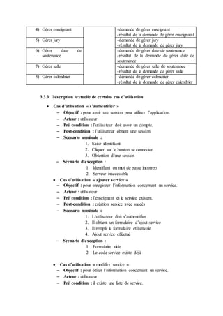 4) Gérer enseignant -demande de gérer enseignant
-résultat de la demande de gérer enseignant
5) Gérer jury -demande de gérer jury
-résultat de la demande de gérer jury
6) Gérer date de
soutenance
-demande de gérer date de soutenance
-résultat de la demande de gérer date de
soutenance
7) Gérer salle -demande de gérer salle de soutenance
-résultat de la demande de gérer salle
8) Gérer calendrier -demande de gérer calendrier
-résultat de la demande de gérer calendrier
3.3.3. Description textuelle de certains cas d’utilisation
 Cas d’utilisation « s’authentifier »
 Objectif : pour avoir une session pour utiliser l’application.
 Acteur : utilisateur
 Pré condition : l’utilisateur doit avoir un compte.
 Post-condition : l’utilisateur obtient une session
 Scenario nominale :
1. Saisir identifiant
2. Cliquer sur le bouton se connecter
3. Obtention d’une session
 Scenario d’exception :
1. Identifiant ou mot de passe incorrect
2. Serveur inaccessible
 Cas d’utilisation « ajouter service »
 Objectif : pour enregistrer l’information concernant un service.
 Acteur : utilisateur
 Pré condition : l’enseignant et le service existent.
 Post-condition : création service avec succès
 Scenario nominale :
1. L’utilisateur doit s’authentifier
2. Il obtient un formulaire d’ajout service
3. Il rempli le formulaire et l’envoie
4. Ajout service effectué
 Scenario d’exception :
1. Formulaire vide
2. Le code service existe déjà
 Cas d’utilisation « modifier service »
 Objectif : pour éditer l’information concernant un service.
 Acteur : utilisateur
 Pré condition : il existe une liste de service.
 