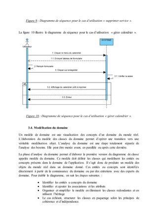 Figure 9 : Diagramme de séquence pour le cas d’utilisation « supprimer service ».
La figure 10 illustre le diagramme de séquence pour le cas d’utilisation « gérer calendrier ».
Figure 10 : Diagramme de séquence pour le cas d’utilisation « gérer calendrier ».
3.4. Modélisation du domaine
Un modèle de domaine est une visualisation des concepts d’un domaine du monde réel.
L’élaboration du modèle des classes du domaine permet d’opérer une transition vers une
véritable modélisation objet. L’analyse du domaine est une étape totalement séparée de
l’analyse des besoins. Elle peut être menée avant, en parallèle ou après cette dernière.
La phase d’analyse du domaine permet d’élaborer la première version du diagramme de classe
appelée modèle du domaine. Ce modèle doit définir les classes qui modélisent les entités ou
concepts présents dans le domaine de l’application. Il s’agit donc de produire un modèle des
objets du monde réel dans un domaine donné. Ces entités ou concepts sont identifiés
directement à partir de la connaissance du domaine ou par des entretiens avec des experts du
domaine. Pour établir le diagramme, on suit les étapes suivantes :
 Identifier les entités u concepts du domaine
 Identifier et ajouter les associations et les attributs
 Organiser et simplifier le modèle en éliminant les classes redondantes et en
utilisant l’héritage
 Le cas échéant, structurer les classes en paquetage selon les principes de
cohérence et d’indépendance.
 