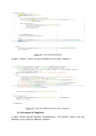 Figure 36 : Code d’authentification
La figure 37 illustre l’extrait du code de modification de la table « dépense ».
Figure 37 : Code de modification de la table « depense »
6.2. Présentation de l’application
La figure suivante présente l’interface d’authentification. Cette interface donne la main aux
utilisateurs pour accéder aux différentes interfaces.
 