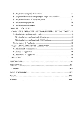 6.1. Diagramme de séquence de conception ....................................................................43
6.1. diagramme de classe de conception pour chaque cas d’utilisation ...........................45
6.1. Diagramme de classe de conception global...............................................................47
6.2. Diagramme de paquetages.........................................................................................48
6.3. Diagramme de déploiement.......................................................................................48
PARTIE III. REALISATION
Chapitre 7. MISE EN PLACE DE L’ENVIRONNEMENT DE DEVELOPPEMENT ...50
7.1. Installation et configuration des outils ......................................................................50
7.1.1. Installation et configuration de WampServer.....................................................50
7.1.2. Installation et configuration de l’IDE NetBeans ................................................51
7.2. Architecture de l’application .....................................................................................52
Chapitre 8. DEVELOPPEMENT DE L’APPLICATION....................................................53
8.1. Création de la base de données..................................................................................53
8.1. Codage de l’application.............................................................................................55
8.2. Présentation de l’application .....................................................................................56
CONCLUSION……………………………………………………………………………….58
BIBLIOGRAPHIE……………………………………………………………………...…….XI
WEBOGRAPHIE……………………………………………...……………………….……XII
GLOSSAIRE…………………………………………………………….………….....……XIII
TABLE DES MATIERES……………………….………………….…………..…….……XIV
RESUME……………………………………….………………….….……………...……XVII
ABSTRACT………………………………………….………………….………...………XVII
 