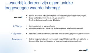 ….waarbij iedereen zijn eigen unieke
toegevoegde waarde inbrengt
•
•
•

Bereik: miljoenen actieve klanten en honderden miljoenen bezoeken per jaar
Goed werkende winkel met zeer hoge conversie
Snelle en betrouwbare levering & betaling

Affiliates

•
•

Bereiksautoriteit in segment/niche
Kennis van doelgroep, hun vraag, en het relevante bijbehorende aanbod

Verkopers

•

Specifiek/ uniek assortiment; voorraad; productkennis; prijsniveau; serviceniveau

Developers

•

Het vermogen om de vele commerciele mogelijkheden van idee tot realisatie te
brengen, bijv. door het koppelen of ontwikkelen van sites en applicaties

18

 