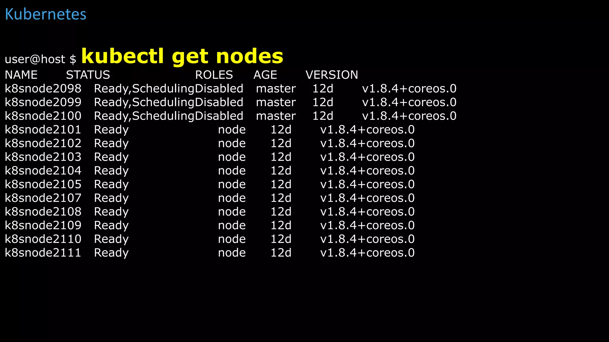 user@host $ kubectl get nodes
NAME STATUS ROLES AGE VERSION
k8snode2098 Ready,SchedulingDisabled master 12d v1.8.4+coreos.0
k8snode2099 Ready,SchedulingDisabled master 12d v1.8.4+coreos.0
k8snode2100 Ready,SchedulingDisabled master 12d v1.8.4+coreos.0
k8snode2101 Ready node 12d v1.8.4+coreos.0
k8snode2102 Ready node 12d v1.8.4+coreos.0
k8snode2103 Ready node 12d v1.8.4+coreos.0
k8snode2104 Ready node 12d v1.8.4+coreos.0
k8snode2105 Ready node 12d v1.8.4+coreos.0
k8snode2107 Ready node 12d v1.8.4+coreos.0
k8snode2108 Ready node 12d v1.8.4+coreos.0
k8snode2109 Ready node 12d v1.8.4+coreos.0
k8snode2110 Ready node 12d v1.8.4+coreos.0
k8snode2111 Ready node 12d v1.8.4+coreos.0
Kubernetes
 