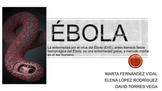 MARTA FERNÁNDEZ VIDAL
ELENA LÓPEZ RODRÍGUEZ
DAVID TORRES VEGA
La enfermedad por el virus del Ébola (EVE), antes llamada fiebre
hemorrágica del Ébola, es una enfermedad grave, a menudo mortal
en el ser humano
 