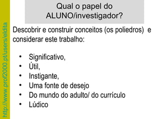 Qual o papel do ALUNO/investigador? Descobrir e construir conceitos (os poliedros)  e considerar este trabalho: Significativo, Útil, Instigante, Uma fonte de desejo Do mundo do adulto/ do currículo Lúdico 