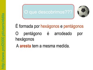 O que descobrimos??? É formada por  hexágonos  e  pentágonos O pentágono é arrodeado por hexágonos A  aresta  tem a mesma medida. 