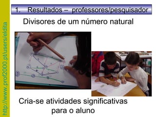 Divisores de um número natural Cria-se atividades significativas para o aluno Resultados –  professores/pesquisador 