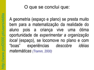A geometria (espaço e plano) se presta muito bem para a matematização da realidade do aluno pois a criança vive   uma ótima oportunidade de  experimentar a organização local  (espaço), se locomove no plano   e com “boas” experiências  descobre idéias matemáticas  (Tramm, 2000) O que se conclui que: 