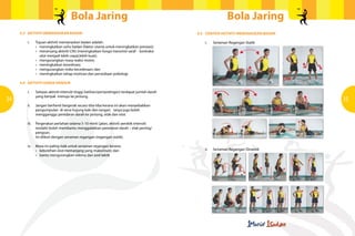 Bola JaringBola Jaring
34 35
4.3	 AKTIVITI MEMANASKAN BADAN
	 i.	 Tujuan aktiviti memanaskan badan adalah:
	 	 •	 meningkatkan suhu badan (faktor utama untuk meningkatkan prestasi);
	 	 •	 meransang aktiviti CNS (meningkatkan fungsi transmisi saraf -  kontraksi
			 otot menjadi lebih cepat,lebih kuat);
	 	 •	 mengurangkan masa reaksi motor;
	 	 •	 meningkatkan koordinasi;
	 	 •	 mengurangkan risiko kecederaan; dan
	 	 •	 meningkatkan tahap motivasi dan persediaan psikologi.
4.4	 AKTIVITI GERAK KENDUR
	 i.	 Selepas aktiviti intensiti tinggi (latihan/pertandingan) terdapat jumlah darah
		 yang banyak menuju ke jantung.
	 ii.	 Jangan berhenti bergerak secara tiba-tiba kerana ini akan menyebabkan
		 pengumpulan di vena hujung kaki dan tangan. Ianya juga boleh
		 mengganggu peredaran darah ke jantung, otak dan otot.
	 iii.	 Pergerakan perlahan selama 5-10 minit (jalan, aktiviti aerobik intensiti
		 rendah) boleh membantu menggalakkan peredaran darah – elak pening/
		pengsan.
		 Ini diikuti dengan senaman regangan (regangan statik).
	 iv.	 Masa ini paling baik untuk senaman regangan kerana:
	 	 •	 kebolehan otot memanjang yang maksimum; dan
	 	 •	 bantu mengurangkan edema dan asid laktik
	 ii.	 Senaman Regangan Dinamik
4.5 	 CONTOH AKTIVITI MEMANASKAN BADAN
	 i.	 Senaman Regangan Statik
 