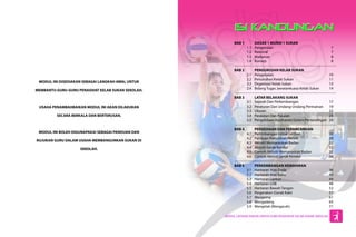 BAB 1		 DASAR 1 MURID 1 SUKAN
	 1.1	Pengenalan	 7
	 1.2	Rasional	 7
	 1.3	Matlamat	 8
	 1.4	Konsep	 8
BAB 2		 PENGURUSAN KELAB SUKAN
	 2.1	Pengenalan	 10
	 2.2	 Penubuhan Kelab Sukan	 11
	 2.3	 Organisasi Kelab Sukan	 13
	 2.4	 Bidang Tugas Jawatankuasa Kelab Sukan	 14
BAB 3		 LATAR BELAKANG SUKAN
	 3.1	 Sejarah Dan Perkembangan	 17
	 3.2	 Peraturan Dan Undang-Undang Permainan	 19
	 3.3	Ukuran	 22
	 3.4	 Peralatan Dan Pakaian	 23
	 3.5	 Pengelolaan Kejohanan/Sistem Pertandingan	 24
BAB 4		 PERSEDIAAN DAN PERANCANGAN
	 4.1	 Pertimbangan Untuk Latihan	 28
	 4.2	 Panduan Pemulihan Aktiviti	 29
	 4.3	 Aktiviti Memanaskan Badan	 32
	 4.4	 Aktiviti Gerak Kendur	 32
	 4.5	 Contoh Aktiviti Memanaskan Badan	 32
	 4.6	 Contoh Aktiviti Gerak Kendur	 34
BAB 5		 PERKEMBANGAN KEMAHIRAN	
	 5.1	 Hantaran Aras Dada	 36
	 5.2	 Hantaran Aras Bahu	 40
	 5.3	 Hantaran Lantun	 44
	 5.4	 Hantaran LOB	 48
	 5.5	 Hantaran Bawah Tangan	 52
	 5.6	 Pergerakan (Gerak Kaki)	 57
	 5.7	Menjaring	 61
	 5.8	Mengadang	 65
	 5.9	 Mengelak (Mengacah)	 71
MODUL INI DISEDIAKAN SEBAGAI LANGKAH AWAL UNTUK
MEMBANTU GURU-GURU PENASIHAT KELAB SUKAN SEKOLAH.
USAHA PENAMBAHBAIKAN MODUL INI AKAN DILAKUKAN
SECARA BERKALA DAN BERTERUSAN.
MODUL INI BOLEH DIGUNAPAKAI SEBAGAI PANDUAN DAN
RUJUKAN GURU DALAM USAHA MEMBANGUNKAN SUKAN DI
SEKOLAH.
 