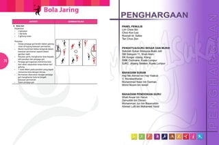 Bola Jaring
78
AKTIVITI GAMBAR RAJAH
4. Bola Gol
	Organisasi
	 •	 2 pasukan
	 •	 1 biji bola
	 •	 2 gelung rotan
	Prosedur
	 •	 Setiap penjaga gol berdiri dalam gelung
		 rotan di hujung kawasan permainan.
	 •	 Murid-murid lain bebas bergerak dalam
		 kawasan permainan seperti dalam
		 gambar rajah.
	 •	 Pasukan perlu menghantar bola kepada
		 ahli pasukan dan penjaga gol.
	 •	 Penjaga gol tugasnya menerima bola  
		 dari rakan sepasukan tanpa keluar dari
		 gelung.
	 •	 1 mata diberi pada pasukan yang dapat
		 menerima bola dengan kemas.
	 •	 Permainan diteruskan dengan penjaga
		 gol menghantar bola ke tengah
		 kawasan permainan.
	 •	 Tukar penjaga gol.   
 