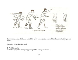 10
Servis yang senang dilakukan dan adalah tepat, konsisten dan memerlukan hanya sedikit keupayaan
fizikal.
Cara-cara melakukan servis ini
1) Posisi bermula
a. Berdiri dengan kaki kangkang, jaraknya lebih kurang luas bahu.
 
