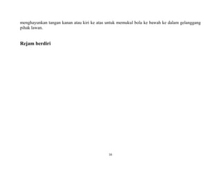 16
menghayunkan tangan kanan atau kiri ke atas untuk memukul bola ke bawah ke dalam gelanggang
pihak lawan.
Rejam berdiri
 