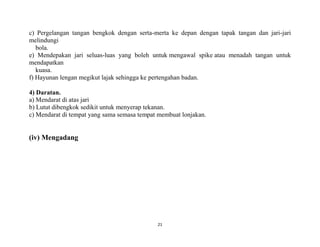 21
c) Pergelangan tangan bengkok dengan serta-merta ke depan dengan tapak tangan dan jari-jari
melindungi
bola.
e) Mendepakan jari seluas-luas yang boleh untuk mengawal spike atau menadah tangan untuk
mendapatkan
kuasa.
f) Hayunan lengan megikut lajak sehingga ke pertengahan badan.
4) Daratan.
a) Mendarat di atas jari
b) Lutut dibengkok sedikit untuk menyerap tekanan.
c) Mendarat di tempat yang sama semasa tempat membuat lonjakan.
(iv) Mengadang
 