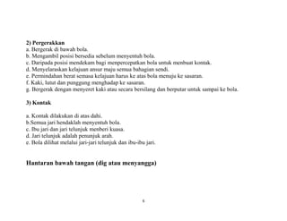 6
2) Pergerakkan
a. Bergerak di bawah bola.
b. Mengambil posisi bersedia sebelum menyentuh bola.
c. Daripada posisi mendekam bagi menpercepatkan bola untuk menbuat kontak.
d. Menyelaraskan kelajuan ansur maju semua bahagian sendi.
e. Permindahan berat semasa kelajuan harus ke atas bola menuju ke sasaran.
f. Kaki, lutut dan punggung menghadap ke sasaran.
g. Bergerak dengan menyeret kaki atau secara bersilang dan berputar untuk sampai ke bola.
3) Kontak
a. Kontak dilakukan di atas dahi.
b.Semua jari hendaklah menyentuh bola.
c. Ibu jari dan jari telunjuk menberi kuasa.
d. Jari telunjuk adalah penunjuk arah.
e. Bola dilihat melalui jari-jari telunjuk dan ibu-ibu jari.
Hantaran bawah tangan (dig atau menyangga)
 