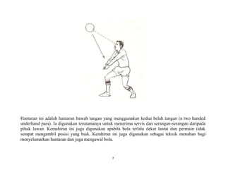 7
Hantaran ini adalah hantaran bawah tangan yang menggunakan kedua belah tangan (a two handed
underhand pass). Ia digunakan terutamanya untuk menerima servis dan serangan-serangan daripada
pihak lawan. Kemahiran ini juga digunakan apabila bola terlalu dekat lantai dan permain tidak
sempat mengambil posisi yang baik. Kemhiran ini juga digunakan sebagai teknik menahan bagi
menyelamatkan hantaran dan juga mengawal bola.
 