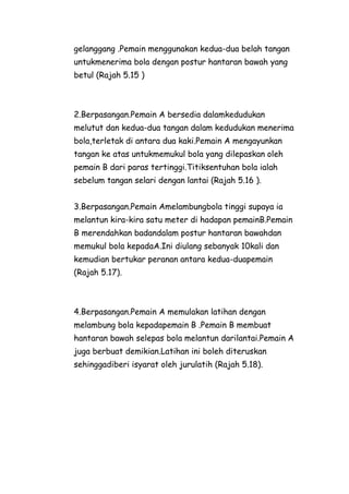 gelanggang .Pemain menggunakan kedua-dua belah tangan
untukmenerima bola dengan postur hantaran bawah yang
betul (Rajah 5.15 )



2.Berpasangan.Pemain A bersedia dalamkedudukan
melutut dan kedua-dua tangan dalam kedudukan menerima
bola,terletak di antara dua kaki.Pemain A mengayunkan
tangan ke atas untukmemukul bola yang dilepaskan oleh
pemain B dari paras tertinggi.Titiksentuhan bola ialah
sebelum tangan selari dengan lantai (Rajah 5.16 ).


3.Berpasangan.Pemain Amelambungbola tinggi supaya ia
melantun kira-kira satu meter di hadapan pemainB.Pemain
B merendahkan badandalam postur hantaran bawahdan
memukul bola kepadaA.Ini diulang sebanyak 10kali dan
kemudian bertukar peranan antara kedua-duapemain
(Rajah 5.17).



4.Berpasangan.Pemain A memulakan latihan dengan
melambung bola kepadapemain B .Pemain B membuat
hantaran bawah selepas bola melantun darilantai.Pemain A
juga berbuat demikian.Latihan ini boleh diteruskan
sehinggadiberi isyarat oleh jurulatih (Rajah 5.18).
 