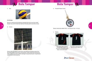 Bola Tampar                                                           Bola Tampar
     	   ii. 	 Bola                                                                        	   iv.	   Penyukat Tekanan Udara




     	   Ciri-Ciri Bola

     	   Bola saiz 5 berbentuk sfera diperbuat daripada kulit lentur atau kulit sintetik
     	   dengan satu pundi di dalamnya diperbuat daripada getah atau bahan serupa.




                                                                                                                 	
  
24                                                                                                                                                                     25
     	 iii.	Antena
                                                                                           	   Tekanan udara bola adalah 0.300 – 0.325 kg/sm2 (4.26 – 4.61 psi)


                                                                                           	 v.	Pakaian




                                                                                                        Saiz nombor depan minimum       Saiz nombor belakang minimum
                                                                                                         15 sm dan lebar nombor 2 sm     20 sm dan lebar nombor 2 sm
                                                                                                       Jalur 8 sm x 2 sm bawah nombor
                                                                                                          depan untuk tanda kapten.
     	   Antena ialah satu batang mudah lentur yang diperbuat daripada serabut kaca
     	   atau bahan-bahan yang serupa, dan berukuran 1.80m panjang dan berukur lilit
     	   10mm. Kedua-dua antena adalah sebahagian daripada jaring dan mengehadkan
     	   ruang lintasan bola atas jaring.
 