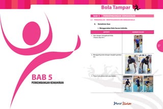 Bola Tampar
                               BAB 5	         PERKEMBANGAN KEMAHIRAN
                         5.1	 PENGENALAN - MENYESUAIKAN DIRI DENGAN BOLA

                         	       A.	 Kemahiran Asas

                         		           i. Menggunakan Bola Secara Individu

                                              AKTIVITI                      GAMBAR RAJAH

                             1.	 Satu tangan mengelecek bola.
                             	 ( Kanan atau kiri )




                                                                                           37

                             2.	 Mengguling bola dengan langkah gerakan
                             	sisi.




BAB 5
PERKEMBANGAN KEMAHIRAN
                             3. Putar bola antara kaki atau badan.
 