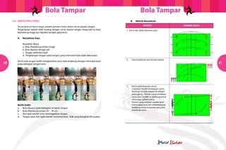 Bola Tampar                                                                  Bola Tampar
     5.2	 SERVIS ATAS (TENIS)                                                              	          B.	   Aktiviti Kemahiran
                                                                                                                   AKTIVITI                     GAMBAR RAJAH
         Servis jenis ini harus diajar setelah pemain mahir dalam servis bawah tangan.
         Pergerakkan adalah lebih kurang dengan servis bawah tangan tetapi kali ini bola       1.	 Servis dari dekat beransur jauh.
         dilambung tinggi dan dipukul dengan gaya tenis.

     	   A.	 Kemahiran Asas

     		Kesalahan Biasa
     		 a.	 Bola dilambung terlalu tinggi.
     		 b.	Bola dipukul dengan jari
     		 c.	 Tangan tidak ikut lajak
     		 d.	 Pergelangan tangan pada tangan yang memukul bola tidak dikeraskan.
                                                                                               2.	     Servis pada zon-zon kiri dan kanan.
         Servis atas tangan boleh menghasilkan jenis bola terapung dengan memukul kuat
40       pada bahagian tengah bola.                                                            	
                                                                                                                                                               41




                                                                                               3.	     Servis pada kawasan servis.
                                                                                               	 •	    2 pasukan berdiri di kawasan servis.  
                                                                                               	 •	    Seorang menjadi sasaran di sebelah
                                                                                               		      gelanggang. Pemain yang membuat
                                                                                               		      servis akan beralih ke belakang untuk
                                                                                               		      menunggu giliran kedua.
                                                                                               	 •	    Pemain yang menjadi sasaran akan
     	   NOTA GURU                                                                             		      menangkap bola dan dihantarnya ke
     	   a.	 Bola dipukul pada bahagian isi tapak tangan.                                      		      belakang untuk kumpulan yang lain
     	   b.	 Bola dilambung antara 30 – 45 sm.                                                 		      membuat servis.
     	   c.	 Ikut lajak setelah bola meninggalkan tangan.
     	   d.	 Tangan akan ikut lajak setelah memukul bola. Kaki yang bengkok diluruskan.
 