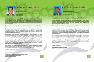 Bismillahirrahmanirrahim,                                                                   Bismillahirrahmanirrahim,
                         Assalamualaikum Warahmatullahi Wabarakatuh,                                                 Assalamualaikum Warahmatullahi Wabarakatuh,
                         Salam Sejahtera,                                                                            dan Salam Sejahtera.
                         Salam 1Malaysia.
Sekolah sebagai institusi pendidikan utama bukan sahaja menumpukan bidang akademik         Saya mengambil kesempatan ini untuk mengucapkan setinggi-tinggi tahniah kepada
atau kurikulum, malah diberikan tanggungjawab turut memfokuskan bidang kokurikulum.        Bahagian Sukan dan Bahagian Pendidikan Guru atas kejayaan penerbitan modul ini.
Antara cabang kokurikulum yang begitu aktif sejak dahulu ialah sukan dan permainan. Hal
ini dapat dikesan menerusi penghayatan kita terhadap apa-apa yang terkandung dalam         Aktiviti sukan telah menjadi semakin penting dan wajib dilaksanakan di semua sekolah
Falsafah Pendidikan Kebangsaan yang menjadi tonggak kepada prinsip sistem pendidikan       di seluruh negara. Pihak yang terlibat dalam pengurusan sukan seharusnya merancang,
negara yang bermatlamat untuk melahirkan pelajar yang seimbang dari segi jasmani, emosi,   mengurus dan melaksanakan kegiatan ini secara sistematik, cekap, berkesan dan
rohani, dan intelek.                                                                       berlandaskan keilmuan dan kemanusiaan.

Bagi merealisasikan hasrat ini, Kementerian Pelajaran Malaysia telah menerbitkan Modul     Dalam menghadapi alaf baharu yang serba mencabar ini, kita harus sentiasa memainkan
Latihan Sukan Untuk Guru Penasihat Kelab Sukan Sekolah, bertujuan untuk meningkatkan       peranan dan tanggungjawab untuk melahirkan modal insan, iaitu murid yang seimbang
penyertaan dan menyuburkan semangat kesukanan dalam kalangan murid. Sukan bukan            dan harmonis secara menyeluruh dan bersepadu. Pewaris generasi akan datang ini mampu
sahaja wadah untuk mengasah bakat dan kebolehan murid tetapi dapat menjurus kepada         menyahut cabaran dan memastikan kesejahteraan negara berkekalan dan seterusnya
hala tuju membentuk masyarakat bersatu padu, aman dan sejahtera di samping dapat           dapat meningkatkan kemajuan negara. Generasi ini merupakan penentu kegemilangan
mengeratkan hubungan antara guru dengan ibu bapa dan menceriakan sekolah ketika            negara kelak. Oleh itu, peranan dan penglibatan murid dalam aktiviti sukan amat penting.
berlangsungnya sesuatu kejohanan.                                                          Program sukan tersebut membolehkan murid memperoleh, menyebar dan menggunakan
                                                                                           ilmu pengetahuan.
Pertumbuhan murid seharusnya dikembangkan dengan pelbagai potensi dan tidak
sewajarnya terhad dalam aspek pencapaian akademik. Sememangnya pencapaian dan              Saya ingin mengucapkan setinggi-tinggi penghargaan dan terima kasih kepada semua
kecemerlangan akademik sangat penting, tetapi mengisikan mereka dengan pembinaan           pihak yang terlibat dalam menyumbangkan idea sehingga terbitnya Modul Latihan Sukan
sahsiah peribadi serta memberikan peluang kepada mereka menggilap bakat dalam sukan        Untuk Guru Penasihat Kelab Sukan Sekolah. Semoga modul ini dapat dijadikan panduan
yang digemari sepanjang tahun juga tidak boleh disekat. Wajar diakui melalui kegiatan      untuk melahirkan generasi yang mantap dari segi fizikal dan mempunyai disiplin yang
sukan, murid akan dapat mengisi masa dengan aktiviti yang bermanfaat, baik untuk           tinggi, bersikap positif serta mempunyai jati diri. Selain itu, diharap modul ini akan diguna
kesihatan fizikal terutamanya mengurang masalah obesiti, menyemai nilai sahsiah yang       pakai dan dibuat penambahbaikan selaras dengan perubahan semasa untuk dimanfaatkan
terpuji, membina keyakinan diri yang tinggi di samping berasa seronok hadir ke sekolah     oleh semua pihak.
akan dapat membendung gejala ponteng.

Saya berharap agar pelaksanaan Dasar 1Murid 1Sukan ini dapat memberikan manfaat            Sekian, terima kasih.
kepada pembentukan keperibadian mulia dalam kalangan generasi muda. Semoga usaha
murni ini akan berkekalan dan dapat mencapai objektif yang disasarkan.                     DATO’ ABD GHAFAR BIN MAHMUD
                                                                                           Ketua Pengarah Pelajaran Malaysia
‘BERTUGAS DENGAN IKHLAS’

Sekian, terima kasih.

TAN SRI DATO’ HJ MUHYIDDIN BIN HJ MOHD YASSIN
Timbalan Perdana Menteri Merangkap
Menteri Pelajaran Malaysia
 