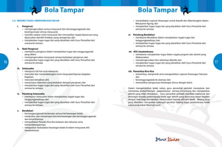 Bola Tampar                                                           Bola Tampar
     2.4		BIDANG TUGAS JAWATANKUASA KELAB                                                        •	   menyediakan Laporan Kewangan untuk diaudit dan dibentangkan dalam
                                                                                                 	    Mesyuarat Agung; dan
        i.		Pengerusi                                                                            •	   menjalankan tugas-tugas lain yang diarahkan oleh Guru Penasihat dari
            •	 mempengerusikan semua mesyuarat dan bertanggungjawab atas                         	    semasa ke semasa.
            	 kesempurnaan semua mesyuarat;
            •	 meneliti catatan minit mesyuarat dan memastikan segala keputusan yang        vi.	 Penolong Bendahari
            	 diputuskan diambil tindakan yang sewajarnya; dan                                   •	 membantu Bendahari dalam menjalankan segala tugas dan
            •	 menjalankan tugas-tugas lain yang diarahkan oleh Guru Penasihat dari              	 tanggungjawabnya; dan
            	 semasa ke semasa.                                                                  •	 menjalankan tugas-tugas lain yang diarahkan oleh Guru Penasihat dari
                                                                                                 	 semasa ke semasa.
        ii.		Naib Pengerusi
             •	 membantu pengerusi dalam menjalankan tugas dan tanggungjawab 		              vii. Ahli Jawatankuasa
             	 yang diberi;                                                                       •	 membantu menjalankan tugas dalam segala program dan aktiviti yang
             •	 mempengerusikan mesyuarat semasa ketiadaan pengerusi; dan                         	dilaksanakan;
             •	 menjalankan tugas-tugas lain yang diarahkan oleh Guru Penasihat dari              •	 mempengerusikan biro sekiranya dilantik; dan
16           	 semasa ke semasa.                                                                  •	 menjalankan tugas-tugas lain yang diarahkan oleh Guru Penasihat dari    17
                                                                                                  	 semasa ke semasa.
        iii.		Setiausaha
              •	 mengurus hal-hal surat menyurat;                                           viii. 	Pemeriksa Kira-Kira
              •	 mencatat dan menandatangani minit mesyuarat/laporan kegiatan-		                   •	 memeriksa, menyemak serta mengesahkan Laporan Kewangan Tahunan
              	kegiatan;                                                                           	dan
              •	 mencatat kehadiran ahli;                                                          •	 bertanggungjawab ke atasnya; dan
              •	 menyimpan dokumen yang berkaitan dengan persatuan; dan                            •	 memastikan pengurusan kewangan diurus dengan betul.
              •	 menjalankan tugas-tugas lain yang diarahkan oleh Guru Penasihat dari
              	 semasa ke semasa.                                                       		Dalam mengendalikan kelab sukan, guru penasihat perlulah menyelaras dan
                                                                                        		memantau perkembangan jawatankuasa semasa merancang dan menjalankan
        iv.	 Penolong Setiausaha                                                        		aktiviti yang telah ditetapkan. Guru penasihat perlulah memberi maklumat dan
             •	 membantu Setiausaha dalam menjalankan segala tugas dan                  		dorongan kepada jawatankuasa kelab agar aktiviti yang dirancang dapat berjalan
             	 tanggungjawabnya; dan                                                    		dengan baik bagi memberikan keseronokan kepada ahli-ahli kelab. Bidang kerja
             •	 menjalankan tugas-tugas lain yang diarahkan oleh Guru Penasihat dari    		yang diberikan merupakan cadangan pecahan bidang tugas jawatankuasa kelab
             	 semasa ke semasa.                                                        		sukan yang bakal dibentuk nanti.

        v.	Bendahari
           •	 bertanggungjawab berkenaan semua hal kewangan kelab;
           •	 melakukan dan menyimpan kira-kira kewangan dan bertanggungjawab
           	 atas kesahihannya;
           •	 menyediakan Penyata Kira-Kira bulanan dan tahunan serta
           	menandatanganinya;
           •	 melaporkan kedudukan kewangan kelab di dalam mesyuarat ahli
           	Jawatankuasa;
 