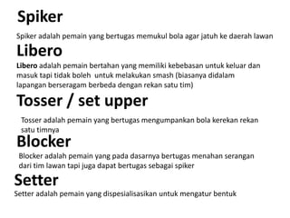 Spiker
Spiker adalah pemain yang bertugas memukul bola agar jatuh ke daerah lawan
Libero
Libero adalah pemain bertahan yang memiliki kebebasan untuk keluar dan
masuk tapi tidak boleh untuk melakukan smash (biasanya didalam
lapangan berseragam berbeda dengan rekan satu tim)
Tosser / set upper
Tosser adalah pemain yang bertugas mengumpankan bola kerekan rekan
satu timnya
Blocker
Blocker adalah pemain yang pada dasarnya bertugas menahan serangan
dari tim lawan tapi juga dapat bertugas sebagai spiker
Setter
Setter adalah pemain yang dispesialisasikan untuk mengatur bentuk
 