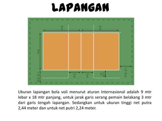 Lapangan
Ukuran lapangan bola voli menurut aturan Internasional adalah 9 mtr
lebar x 18 mtr panjang, untuk jarak garis serang pemain belakang 3 mtr
dari garis tengah lapangan. Sedangkan untuk ukuran tinggi net putra
2,44 meter dan untuk net putri 2,24 meter.
 