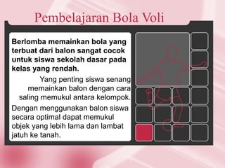 Pembelajaran Bola Voli
Berlomba memainkan bola yang
terbuat dari balon sangat cocok
untuk siswa sekolah dasar pada
kelas yang rendah.
Yang penting siswa senang
memainkan balon dengan cara
saling memukul antara kelompok.
Dengan menggunakan balon siswa
secara optimal dapat memukul
objek yang lebih lama dan lambat
jatuh ke tanah.
 