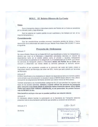 Proyecto de Ordenanza BOLETO OBRERO DE LA COSTA (Bolc)
