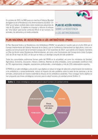 3
En octubre de 2015, la OMS puso en marcha el Sistema Mundial
de Vigilancia de la Resistencia a los Antimicrobianos (GLASS)5. En
2017 ya se habían recibido datos sobre resistencias adquiridas de
más de 50 países6. El objetivo es impulsar y reforzar el enfoque
de “Una Salud” para luchar contra las RA en el ser humano, los
animales, los alimentos y el medio ambiente.
PLAN NACIONAL DE RESISTENCIA A LOS ANTIBIÓTICOS (PRAN)
El Plan Nacional frente a la Resistencia a los Antibióticos (PRAN)7 se aprueba en nuestro país en el año 2014 por el
Consejo Interterritorial del Sistema Nacional de la Salud y por la Conferencia Intersectorial de Agricultura, como res-
puesta a la Comunicación de la Comisión Europea del 17 de noviembre de 20118, que solicitó a los Estados miembros
un Plan de Acción sobre Resistencias Antimicrobianas, así como a las Conclusiones del Consejo de la Unión Europea
(UE) de 29 de mayo de 2012, en las que se instó a un abordaje conjunto de este problema9.
Todas las comunidades autónomas forman parte del PRAN en la actualidad, así como los ministerios de Sanidad,
Agricultura, Economía, Educación, Interior y Defensa. Además de otras entidades, como sociedades científicas (más
de 70), organizaciones colegiales, asociaciones profesionales, universidades y más de 230 colaboradores expertos.
El PRAN es un plan estratégico y de acción cuyo objetivo es reducir el riesgo de selección y diseminación de resistencia
a los antibióticos y consecuentemente, reducir el impacto de este problema sobre la salud de las personas y de los
animales, preservando de manera sostenible la eficacia de los antibióticos existentes. Para conseguir dicho objetivo se
han propuesto seis líneas estratégicas comunes para la salud humana y la sanidad animal (Gráfico 1)
Gráfico 1. Líneas estratégicas comunes para la salud humana y la sanidad animal.
 