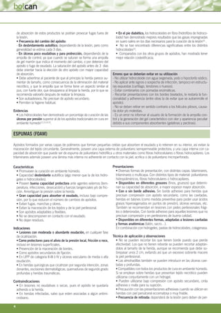 4
ESPUMAS (FOAM)
Características
• Promueven la curación en ambiente húmedo.
• Capacidad desbridante autolítica (algo meno...