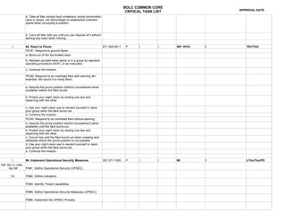 BOLC COMMON CORE
                                                                                                                                         APPROVAL DATE:
                                                                                                    CRITICAL TASK LIST
                 a. Take all litter (empty food containers, empty ammunition
                 cans or boxes, old camouflage) to established collection
                 points when occupying a position.



                 b. Carry all litter with you until you can dispose of it without
                 leaving any trace when moving.

       I         65. React to Flares                                                071-326-0511    P     I        I     INF-197th   I      TEC/TAC
                 PS #1. Respond to ground flares.
                 a. Move out of the illuminated area.
                 b. Reorient yourself when alone or in a group by standard
                 operating procedure (SOP), or as instructed.

                 c. Continue the mission.

                 PS #2. Respond to an overhead flare with warning (for
                 example, the sound of a rising flare).

                 a. Assume the prone position (behind concealment when
                 available) before the flare bursts.

                 b. Protect your night vision by closing one eye and
                 observing with the other.

                 c. Use your night vision eye to reorient yourself or rejoin
                 your group when the flare burns out.
                 d. Continue the mission.
                 PS #3. Respond to an overhead flare without warning.
                 a. Assume the prone position behind concealment (when
                 available) until the flare burns out.
                 b. Protect your night vision by closing one eye and
                 observing with the other.
                 c. Crouch low until the flare burns out when crossing wire
                 obstacles where the prone position is not possible.
                 d. Use your night vision eye to reorient yourself or rejoin
                 your group when the flare burns out.
                 e. Continue the mission.


       I         66. Implement Operational Security Measures                        301-371-1050    P     I        I     MI          I      L/Tec/Tac/PD
TSP 301-C-1050
     Apr 98      PS#1. Define Operational Security (OPSEC).

      1hr        PS#2. Define Indicators.

                 PS#3. Identify Threat Capabilities.

                 PS#4. Define Operational Security Measures (OPSEC).

                 PS#5. Implement the OPSEC Process.
 