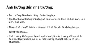 Ảnh hưởng đến nhà trường:
• Ảnh hưởng đến danh tiếng của trường học.
• Tạo thành một không khí nặng nề bao trùm cho toàn bộ học sinh, sinh
viên, giáo viên.
• Thầy cô sẽ cho đó hành vi của con trẻ và đôi khi để chúng tự gỉai
quyết với nhau….
• Nhà trường không còn là nơi lành mạnh, là môi trường để học sinh
đến học tập vui chơi mà lại là môi trường cho bắt nạt, sự cô lập…
phát triển.
 
