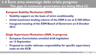 1.4 Euro area sovereign debt crisis: progress
     The gaps in economic governance are being filled (ii)
  European Stability Mechanism (ESM)
  • Stability support on the basis of strict conditionality
  • Initial maximum lending volume of the ESM is set at € 500 billion
  • Inaugural meeting of the ESM-Board of Governors on 8 October
    2012

  Single Supervisory Mechanism (SSM, in progress)
  • European Commission unveiled draft legislation
     on 12 September
  • Proposal to confer ultimate responsibility for specific supervisory
     tasks on the ECB
                                                                      10
 