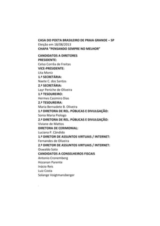 CASA DO POETA BRASILEIRO DE PRAIA GRANDE – SP
Eleição em 18/08/2013
CHAPA “PENSANDO SEMPRE NO MELHOR”
CANDIDATOS A DIRETORES
PRESIDENTE:
Celso Corrêa de Freitas
VICE-PRESIDENTE:
Lita Moniz
1.ª SECRETÁRIA:
Naete C. dos Santos
2.ª SECRETÁRIA:
Layr Peniche de Oliveira
1.º TESOUREIRO:
Hermes Casimiro Dias
2.ª TESOUREIRA:
Maria Bernadete B. Oliveira
1.ª DIRETORA DE REL. PÚBLICAS E DIVULGAÇÃO:
Sonia Maria Piologo
2.ª DIRETORA DE REL. PÚBLICAS E DIVULGAÇÃO:
Viviane de Mattos
DIRETORA DE CERIMONIAL:
Luciana P. Cândido
1.º DIRETOR DE ASSUNTOS VIRTUAIS / INTERNET:
Fernandes de Oliveira
2.º DIRETOR DE ASSUNTOS VIRTUAIS / INTERNET:
Oswaldo Soto
CANDIDATOS A CONSELHEIROS FISCAIS
Antonio Cronemberg
Hozanan Parente
Inácio Reis
Luiz Costa
Solange Voigtmansberger
M
 