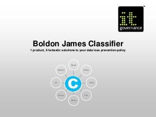 Boldon James Classifier
1 product, 8 fantastic solutions to your data loss prevention policy
Email
Office
OWA
File
Notes
Power
SP
Mobile
TM
 