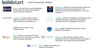 Snyk.io - security for open source/developers,
founded by ex-cto Akamai, also boldstart
advisor and fund i investment
stealth (ex-cto of splunk) — also
boldstart advisor
Kustomer - next gen customer-centric
platform from the cofounders of Assist.ly
(sold to Salesforce, now desk.com)
Catalytic  - platform for intelligently automating business
processes for teams, cofounder was previously
cofounder and CTO of fieldglass, sold to SAP
Bigid  - platform for enterprise PII mgmt
and security, from cofounder Layer 7 tech,
sold to Computer Associates, also
boldstart advisor
Hypr  - enables Fortune 500 enterprises to scale
biometric authentication
Workrails  - helps software companies deliver
professional services, cofounder previous
cofounder of workmarket, also venture partner
with boldstart
Init.ai -  platform to automate and
analyze conversations
Fund III “Announced” Portfolio
 